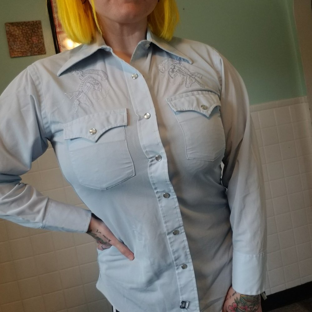Vintage 70's Western Cowboy Pastel Blue Pearl Snap Men's Button Up Shirt - Picture 9 of 10